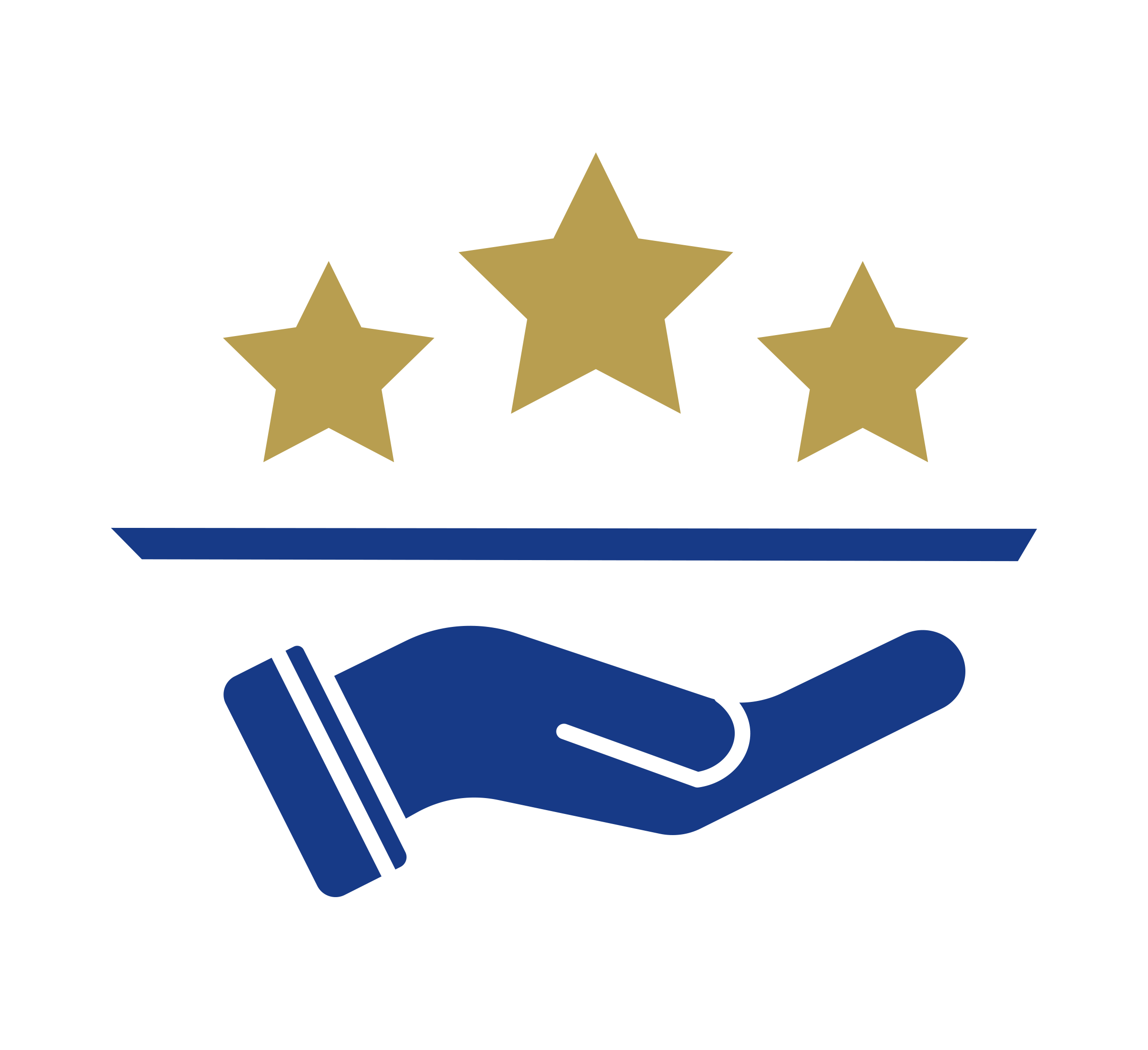 A blue hand holding a tray with three gold stars above it, symbolising quality service or high rating.