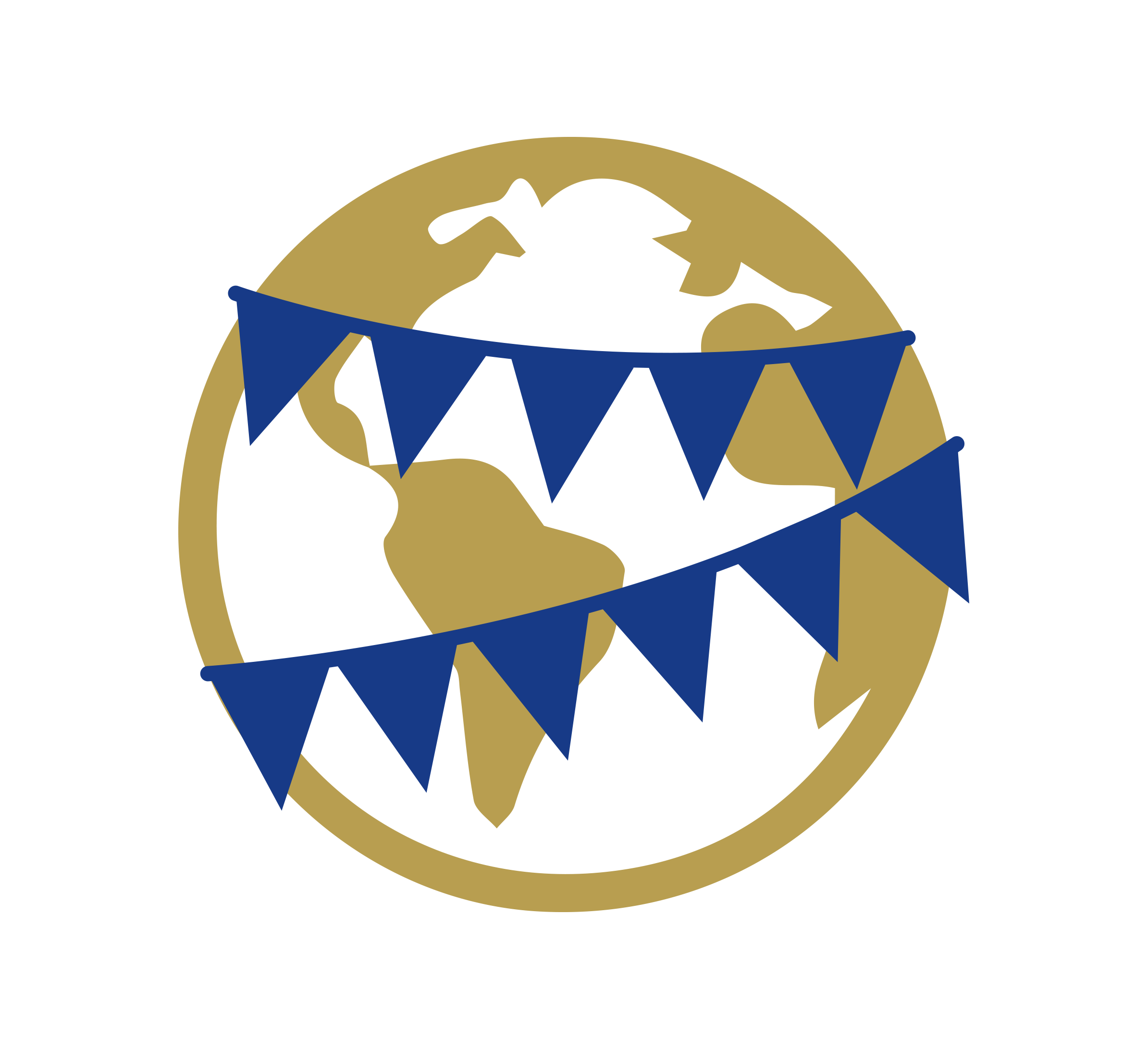 A gold outline of a globe with blue triangular pennant bunting draped across it, symbolising worldwide celebration or global events.