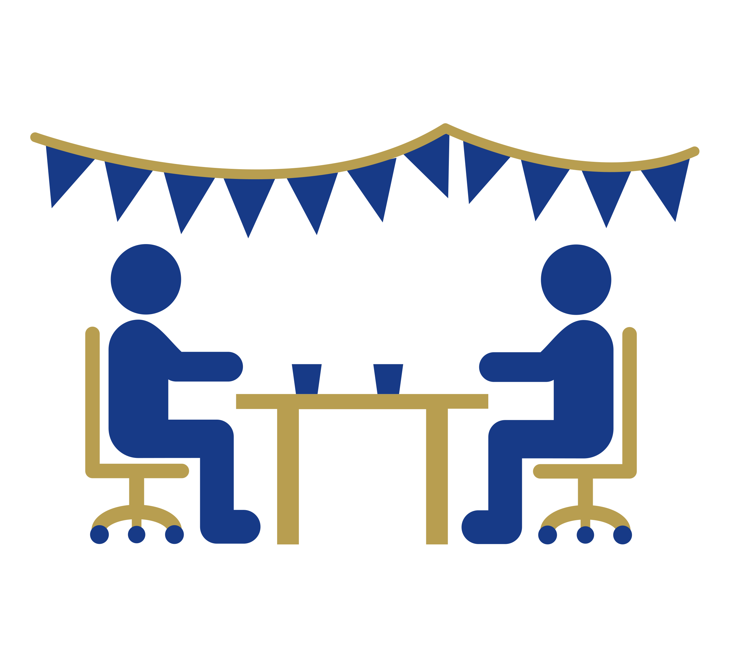 Two stylised figures sit on chairs at a table with cups, under a string of triangular bunting, suggesting a meeting or gathering space.