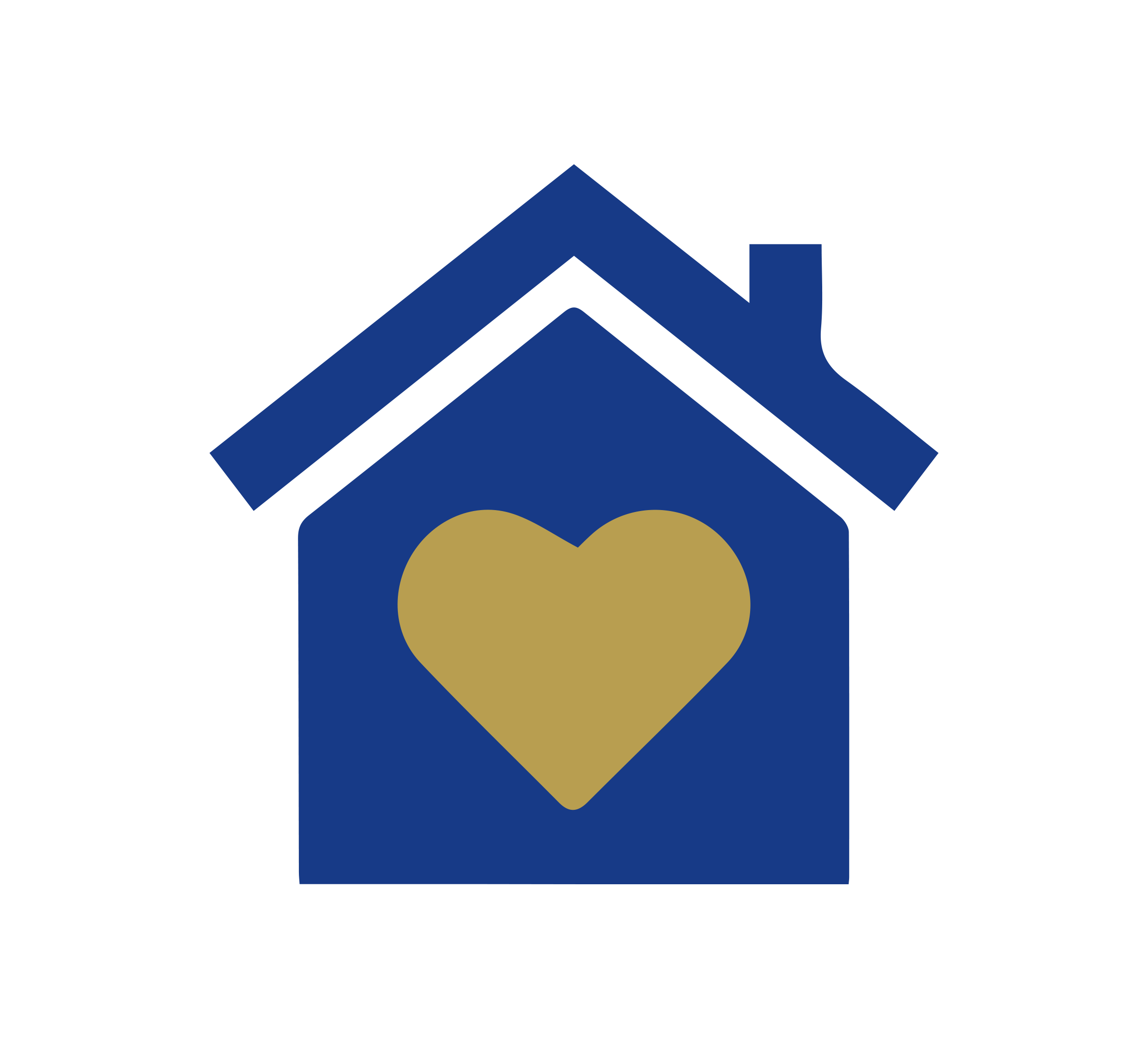 A blue house icon with a gold heart in the centre, symbolising home and love, on a light grey background.