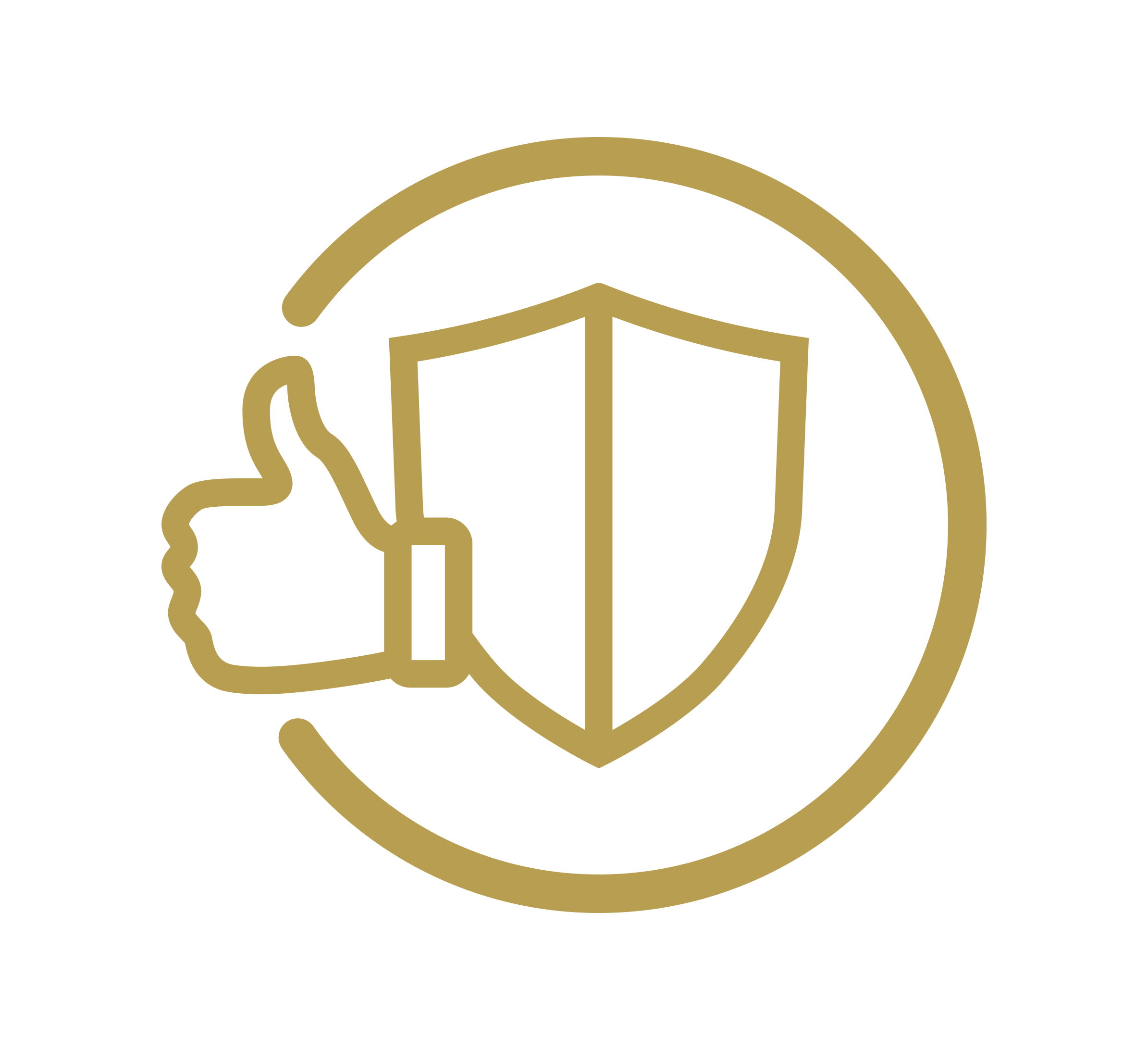 A gold outline of a shield and a thumbs-up symbol overlapping inside a partial circular border, representing protection and approval.