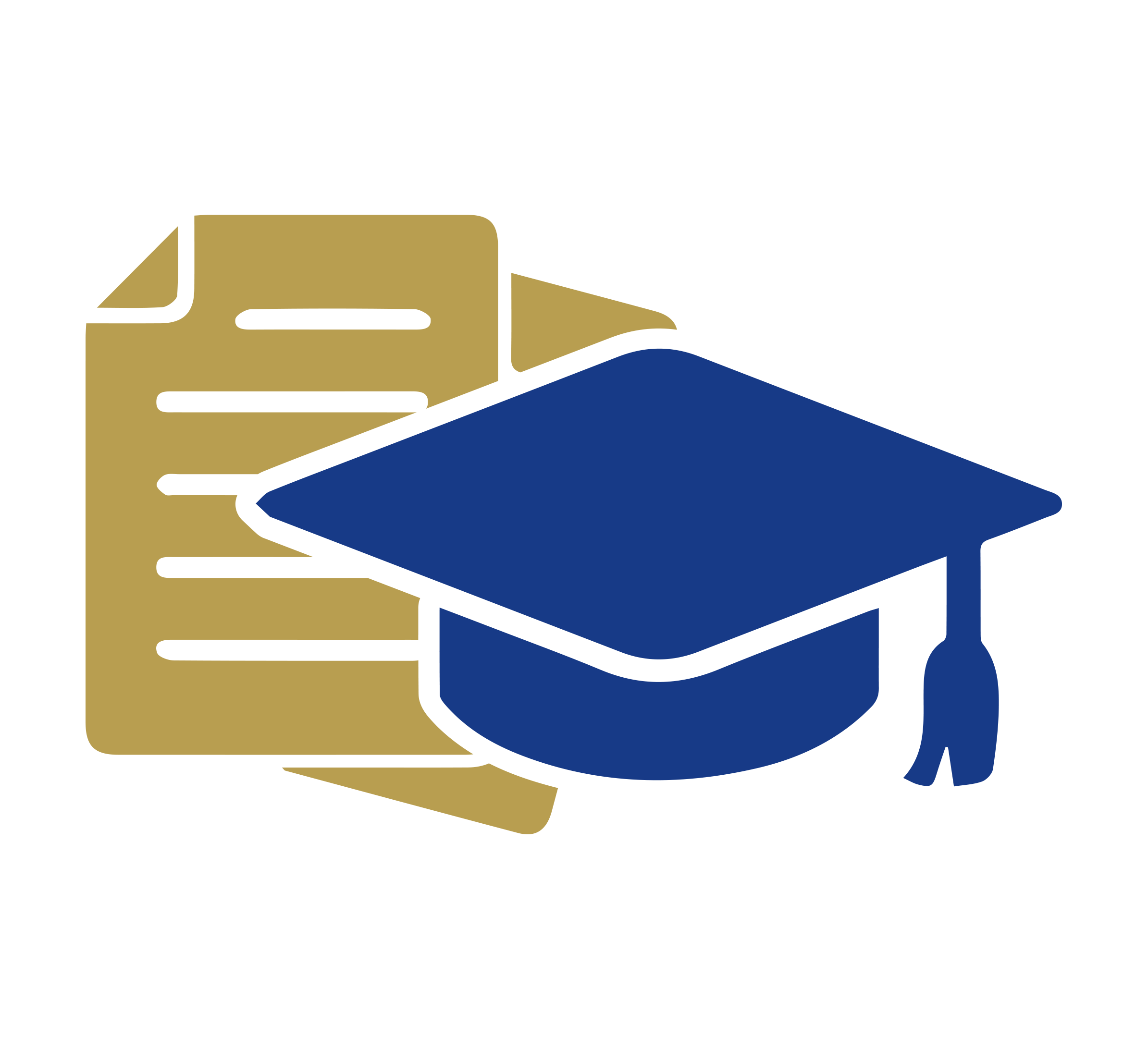 A blue graduation cap in front of a gold document or diploma with writing lines, symbolising education, achievement, or academic certification.