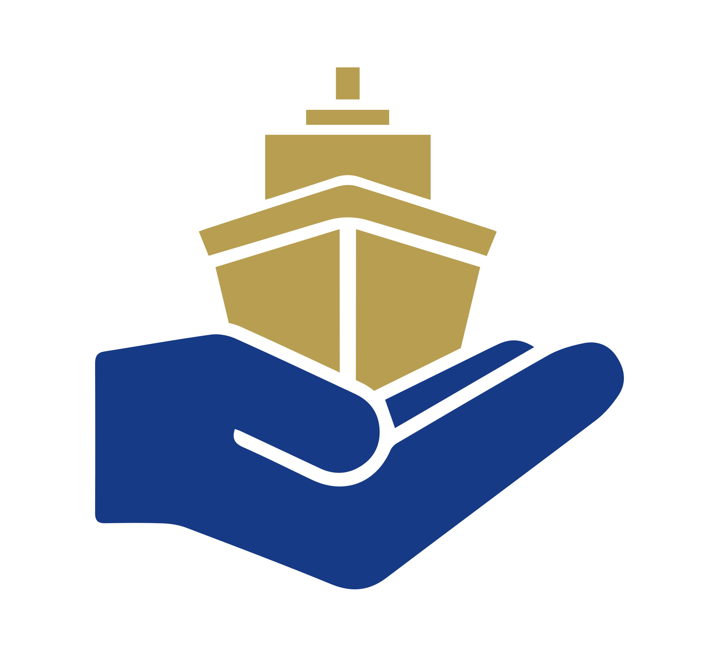 A stylised gold ship rests above an open blue hand, symbolising support for maritime new to sea colleagues.