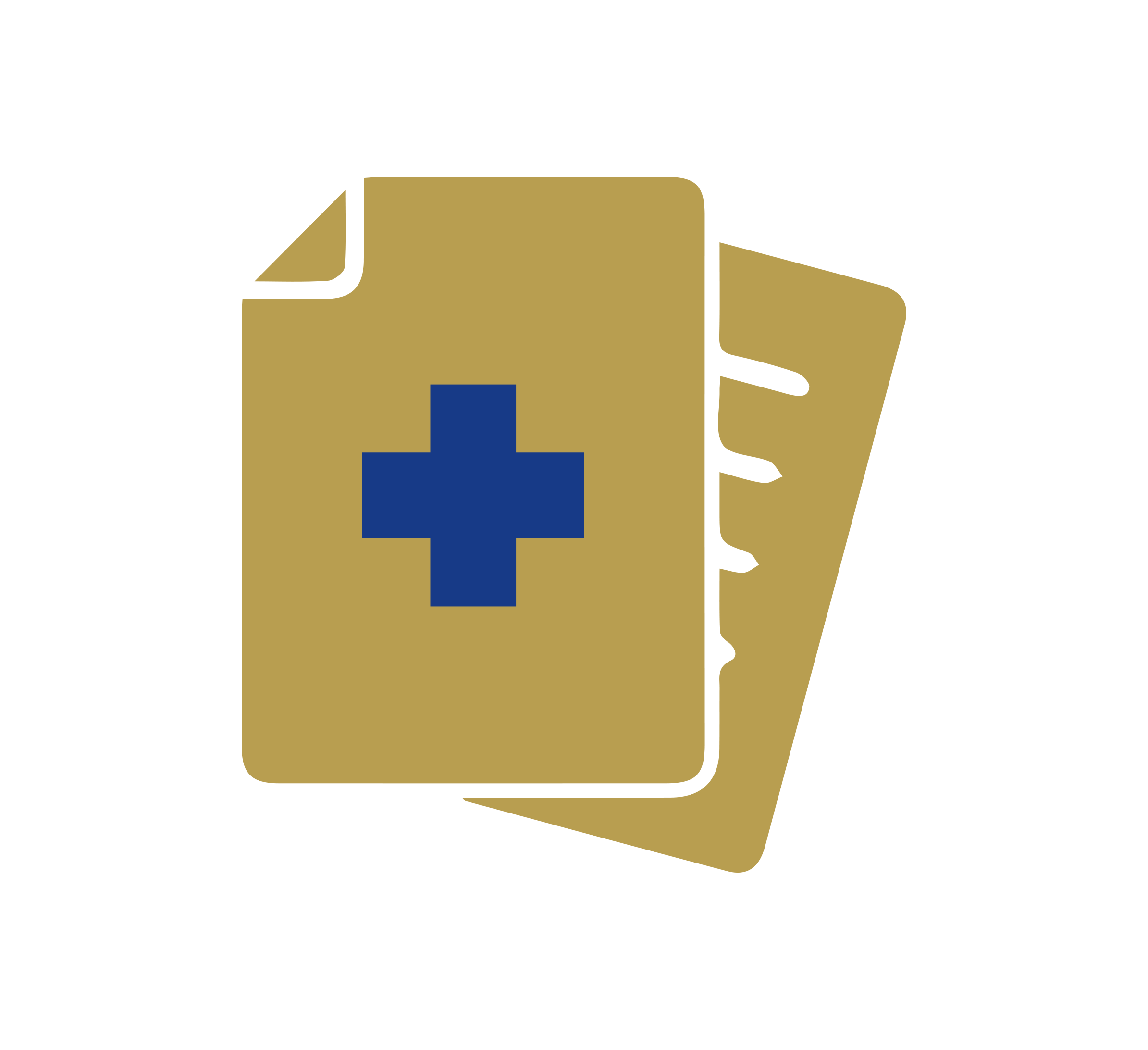 A gold-coloured folder with a blue medical cross on the front, symbolising medical records or healthcare documents, set against a plain white background.