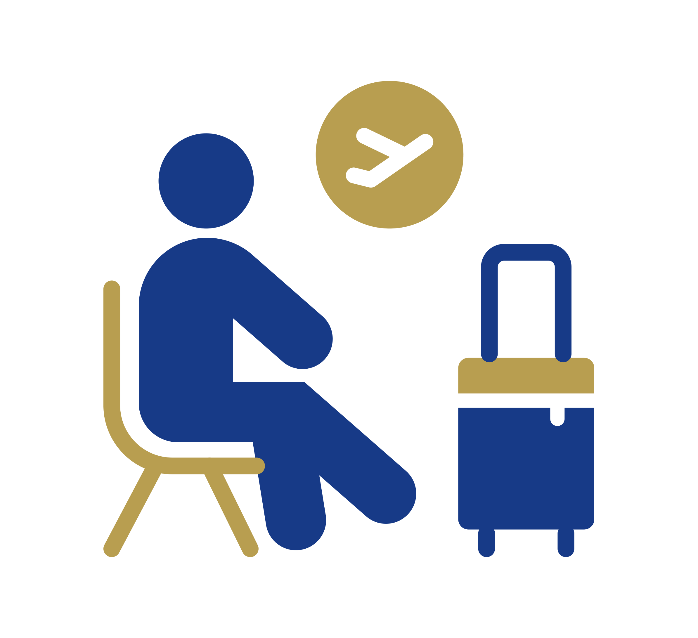 Illustration of a person sitting on a chair with a suitcase beside them and an airplane symbol above, representing waiting at an airport or travel. The colours used are blue and gold on a white background.