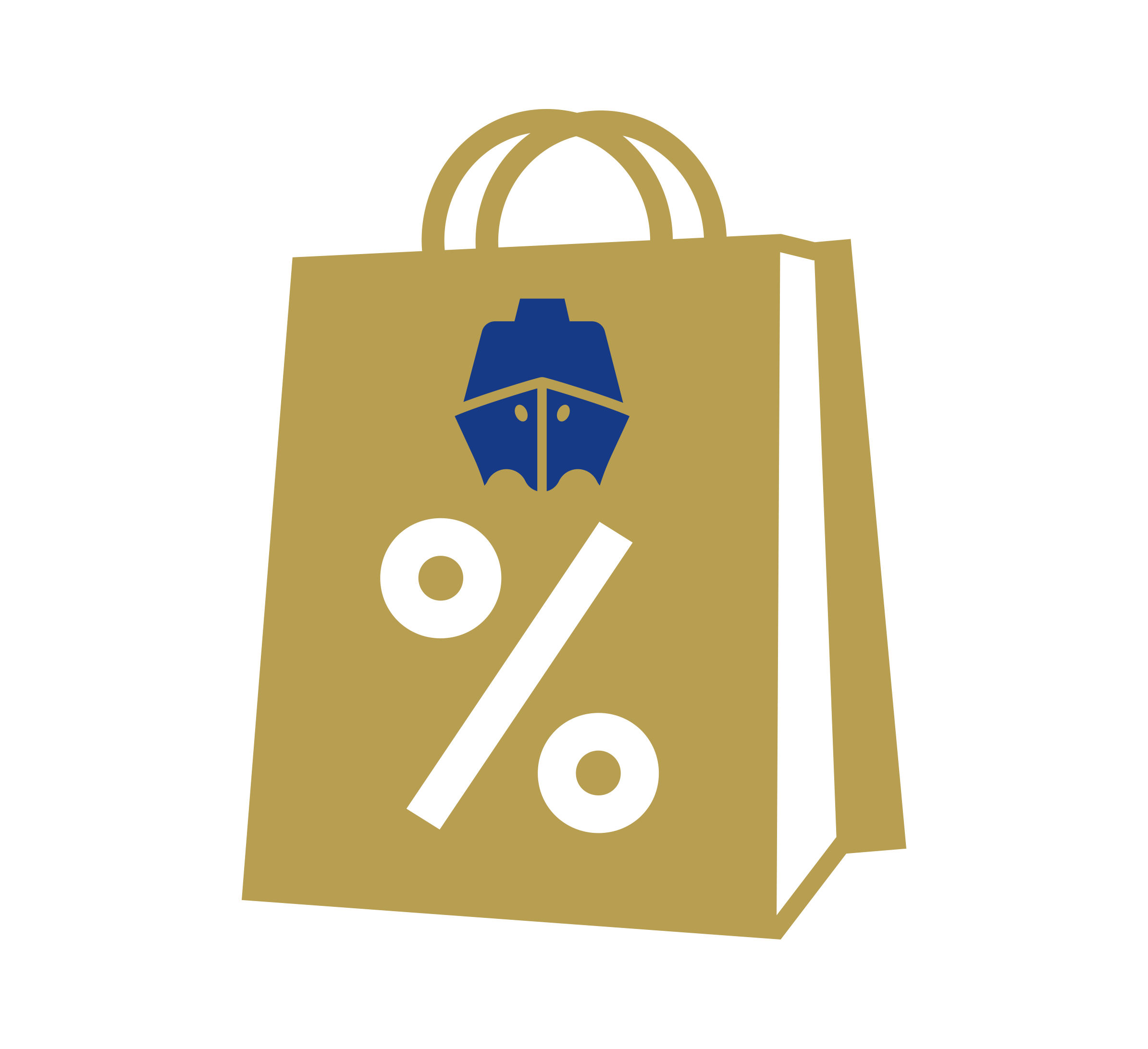 A gold shopping bag with a ship icon in blue near the top and a large white percentage symbol on the front, suggesting a sale or discount related to cruises or maritime products.