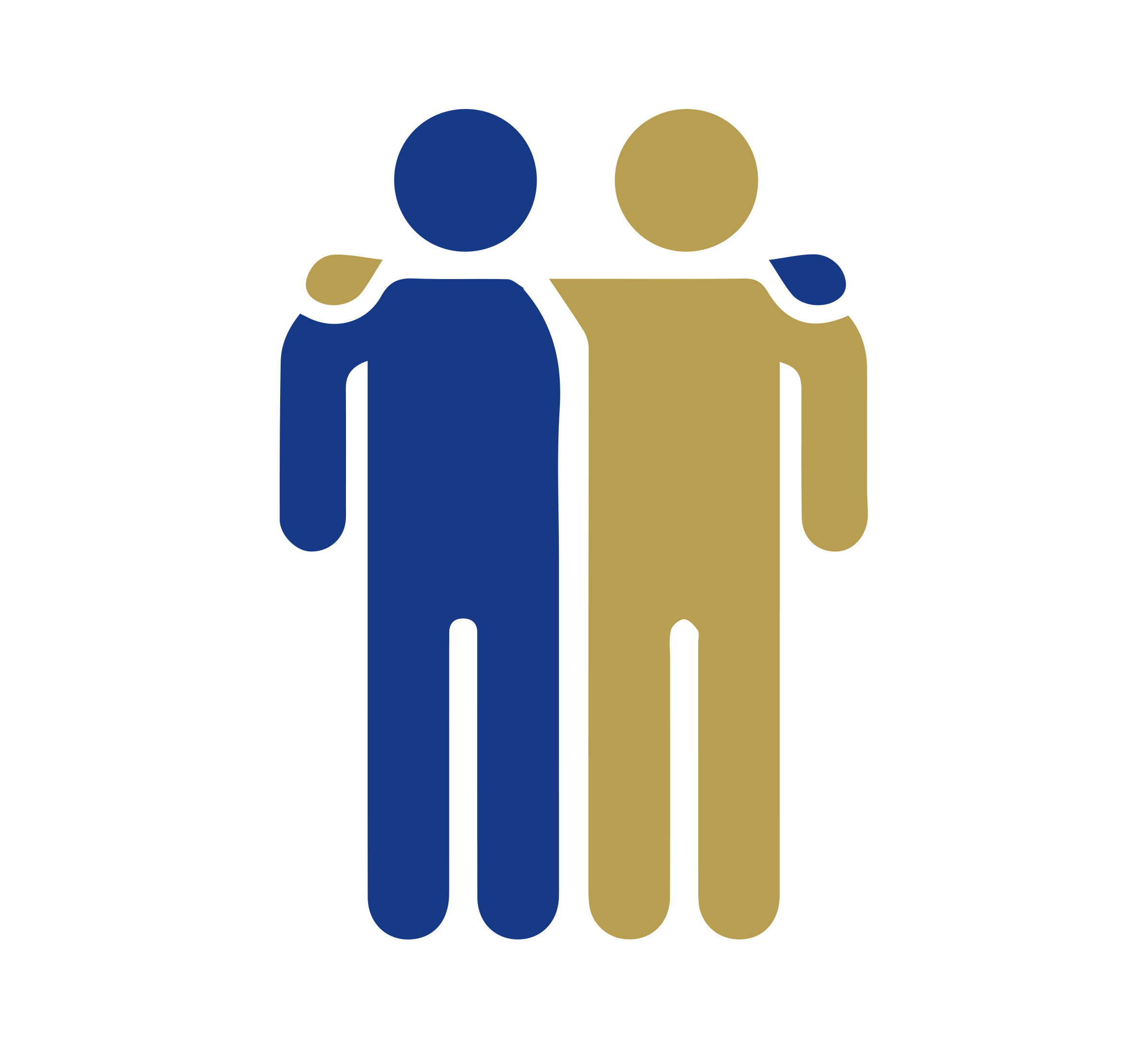 Two simplified human figures, one blue and one gold, stand side by side with their arms around each other's shoulders, symbolising friendship or support.