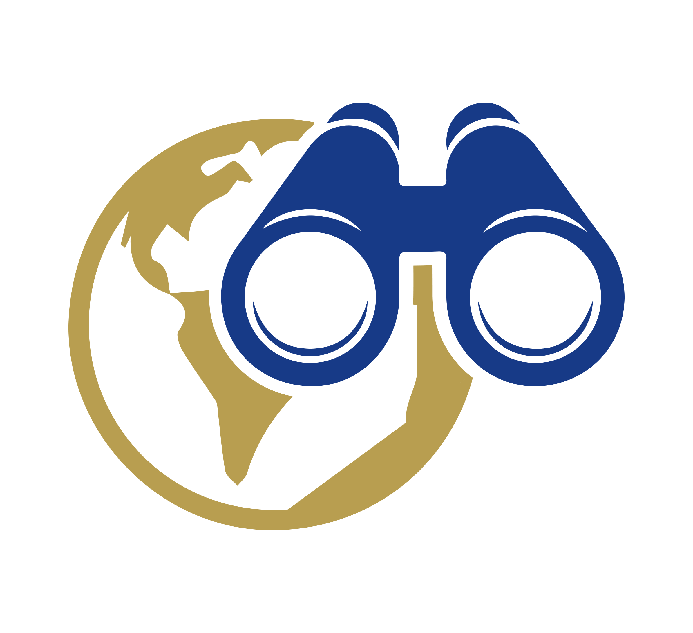 A gold outline of a globe with Africa and Europe visible, overlapped by large blue binoculars in the foreground.