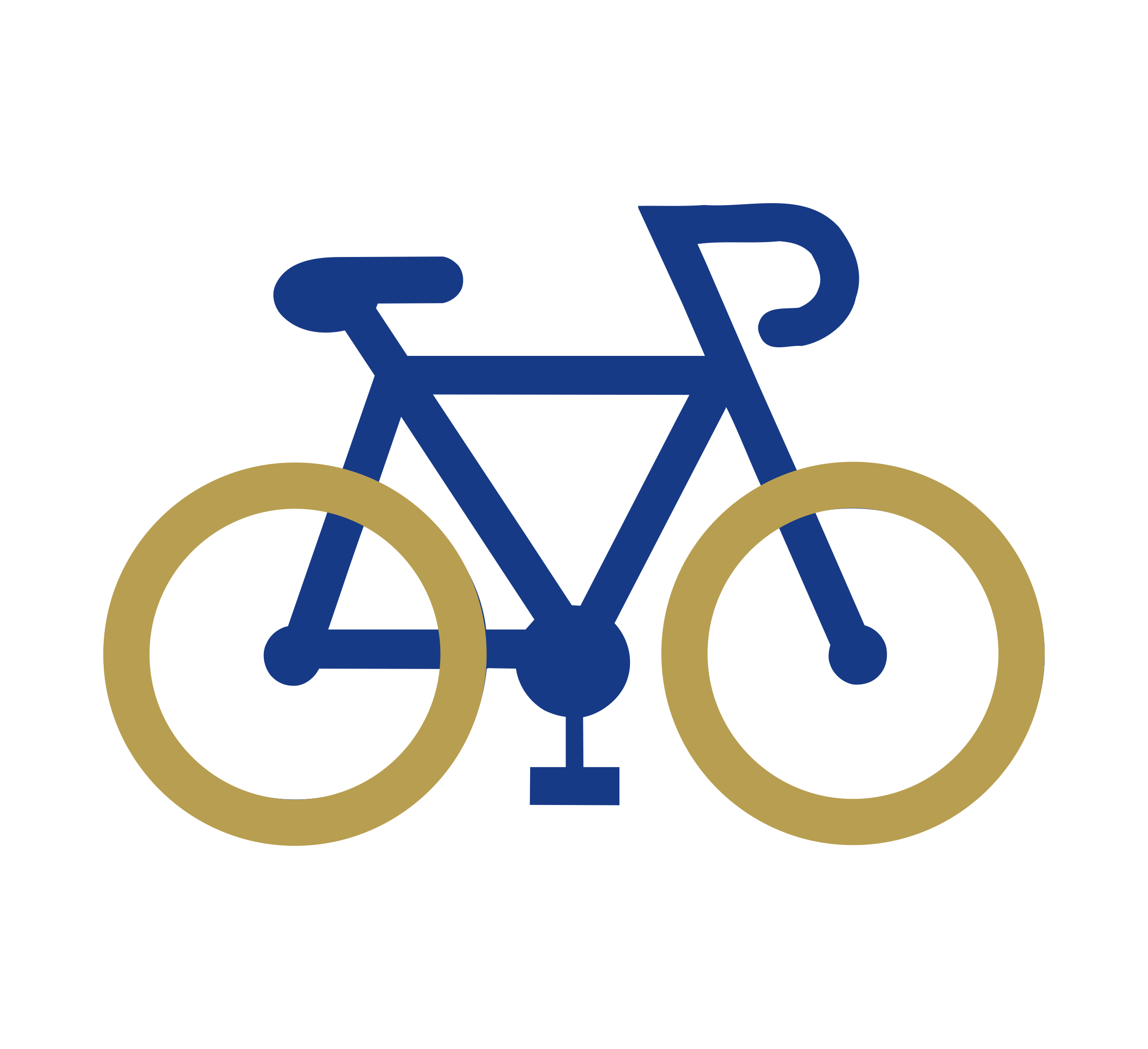 Simple illustration of a bicycle with a dark blue frame and gold wheels on a plain white background. The design is minimalist and uses basic geometric shapes.