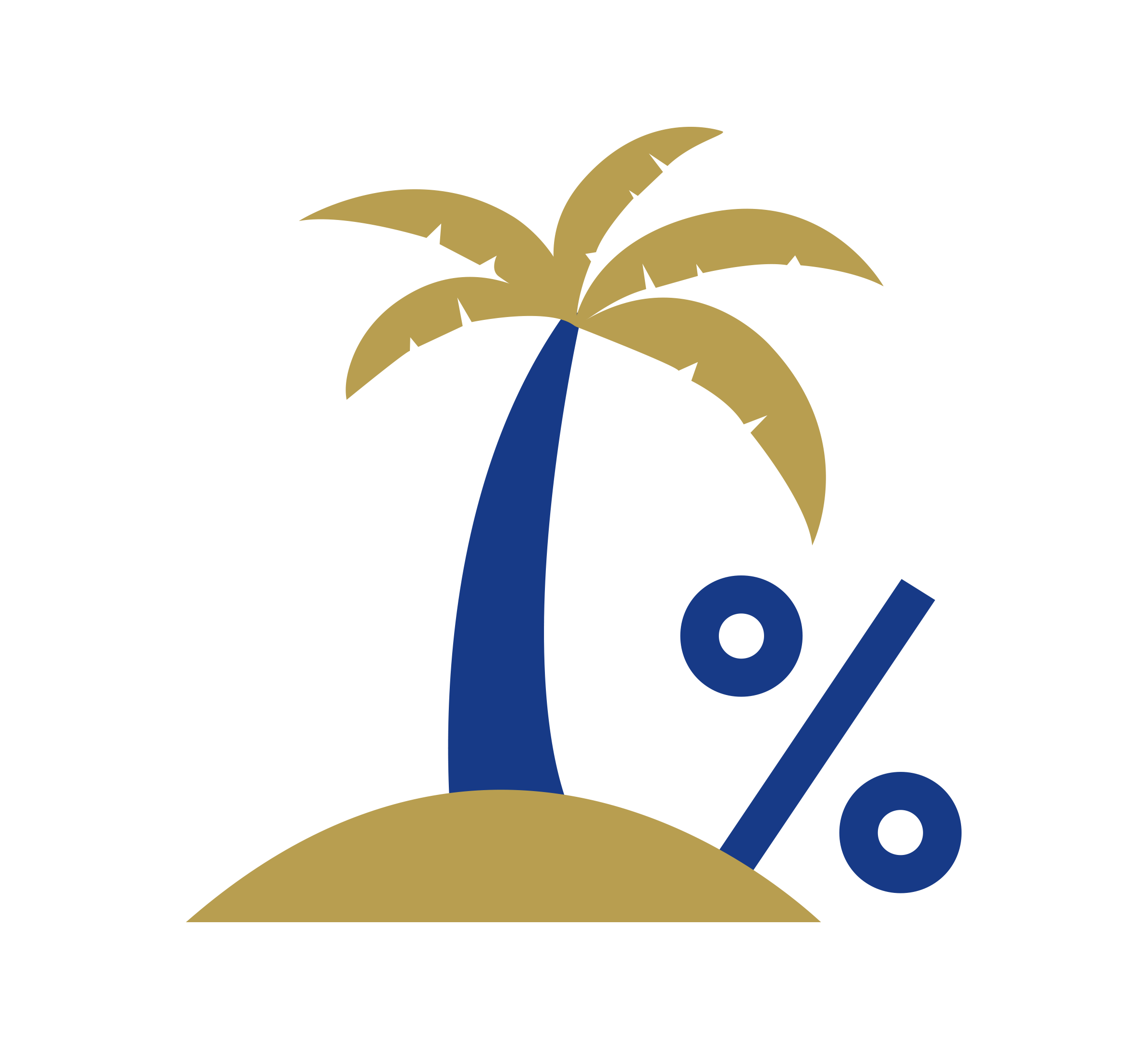 A stylised illustration of a palm tree on an island, with a large percentage symbol beside it. The palm tree and island are gold, while the percentage symbol is blue.