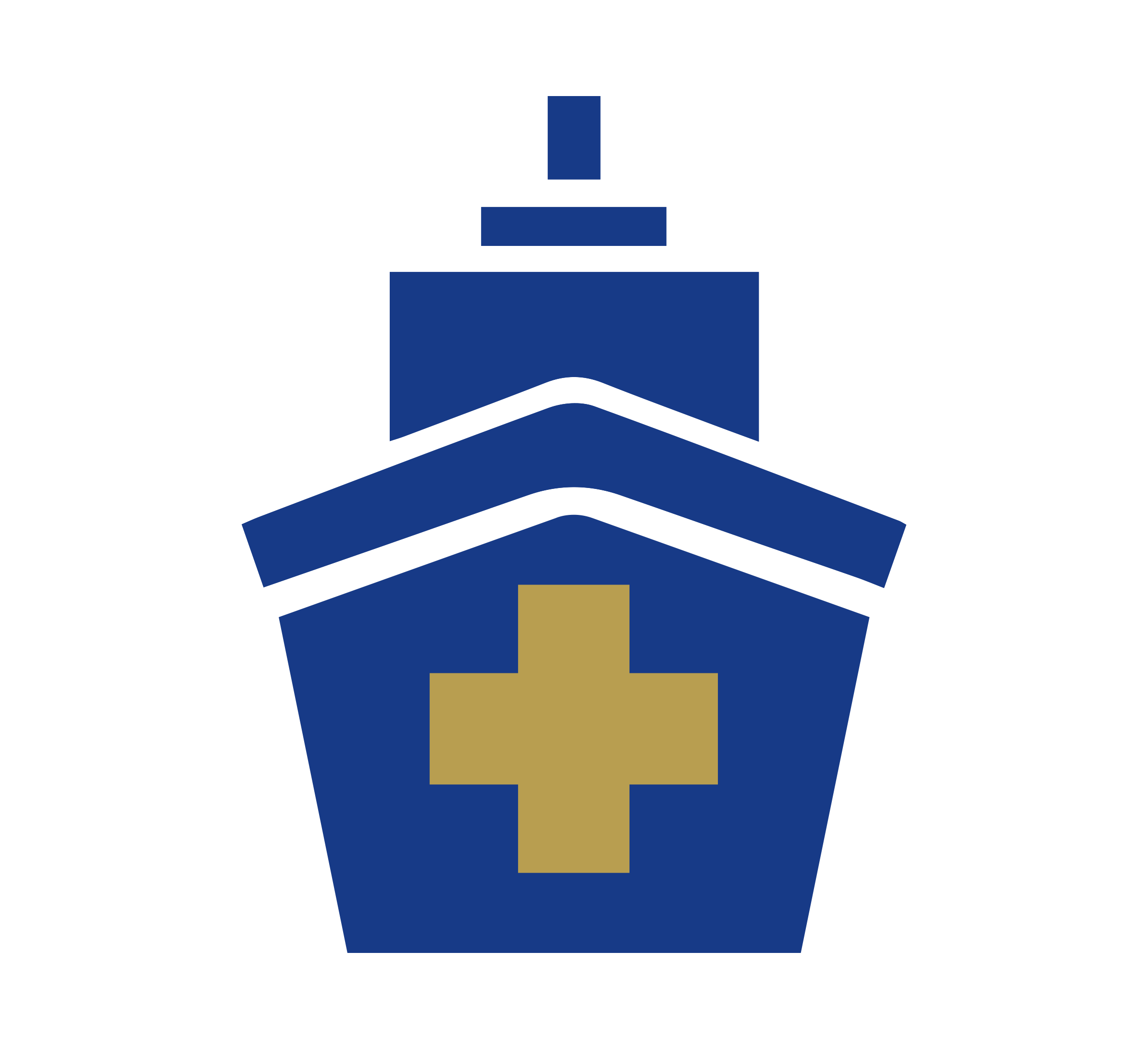 A blue and gold icon of a hospital building with a cross on the front and a geometric medical symbol above, set on a light background.