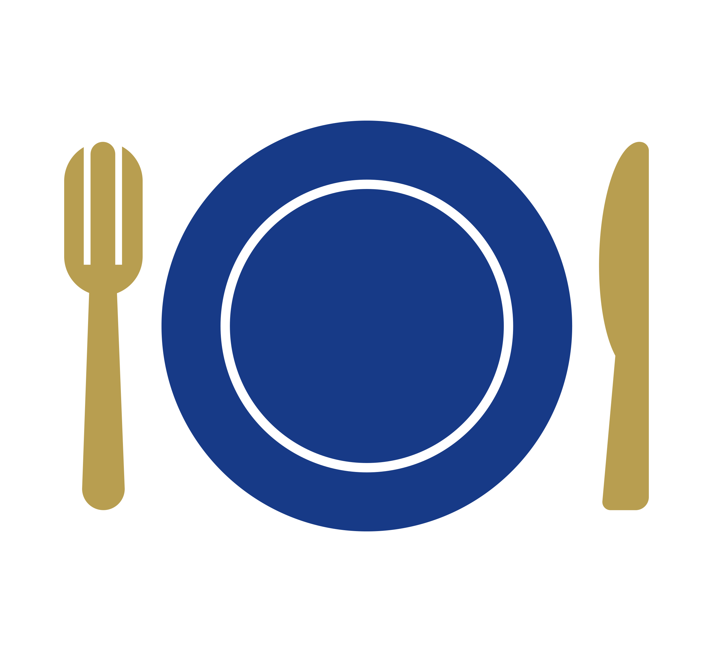 A simple graphic of a blue plate with a white rim, a gold fork on the left, and a gold knife on the right, all set against a white background.
