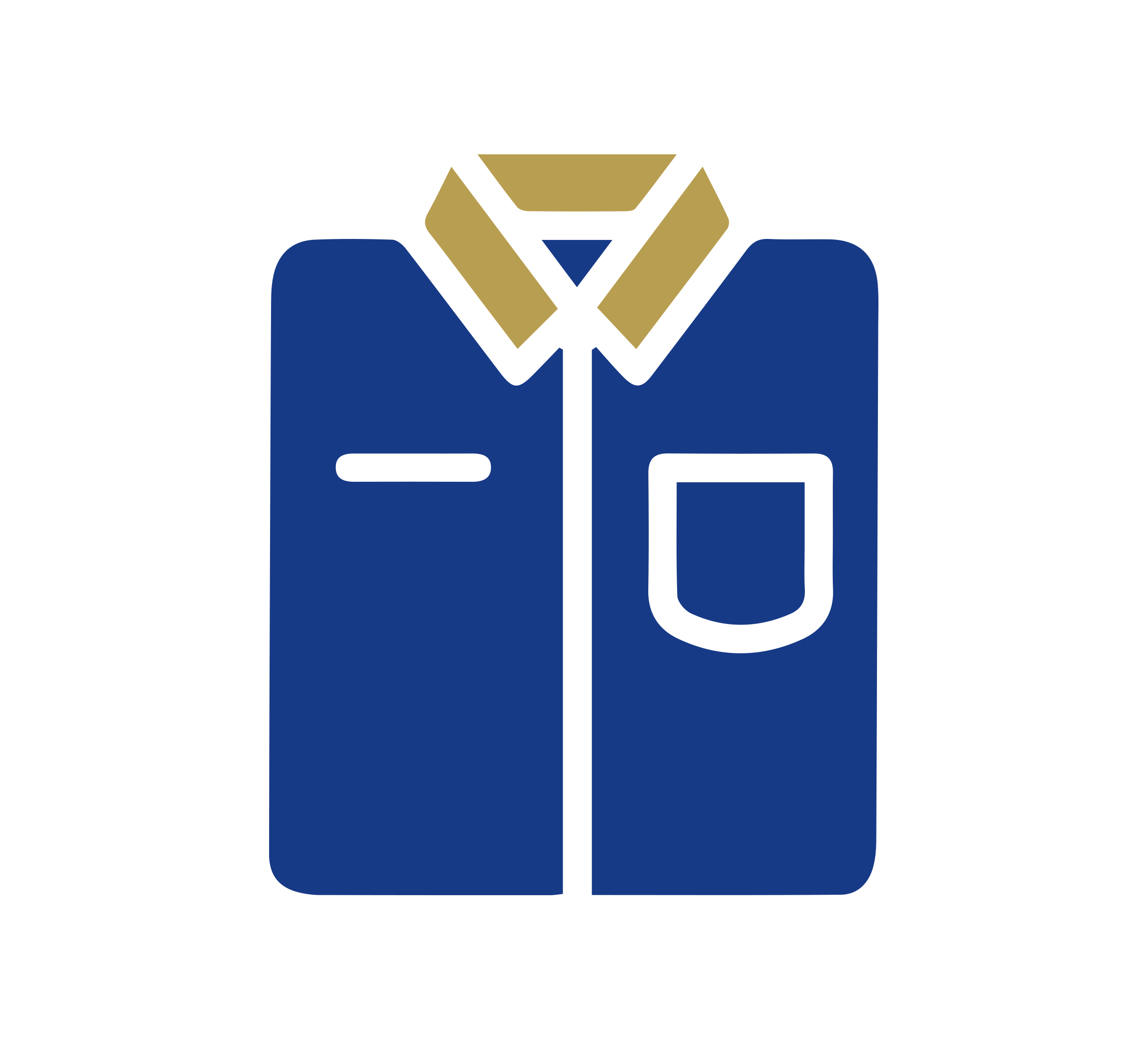 Icon of a blue collared shirt with a front pocket and gold accents on the collar, displayed on a light background.