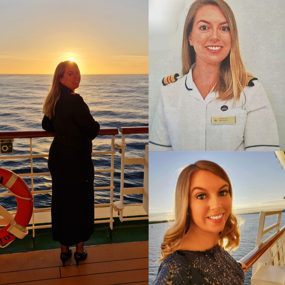 A woman stands on a ship’s deck at sunset in a black coat. In two other images, she’s smiling—one as she wears a white Cruise Ship Nurse Jobs uniform with epaulettes and badge, and one in a sparkly dress aboard the ship.