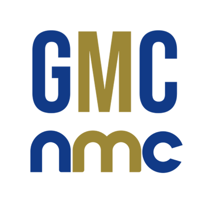 Logo with the letters GMC in blue and gold on top, and nmc in blue and gold below, both on a light grey background. The design uses bold, sans-serif font and symmetrical alignment.