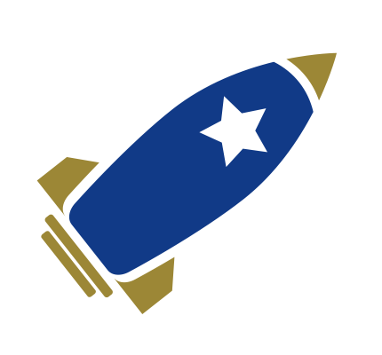 A simple blue rocket icon with gold fins, a gold nose cone, and a white star on its body, shown against a light background.