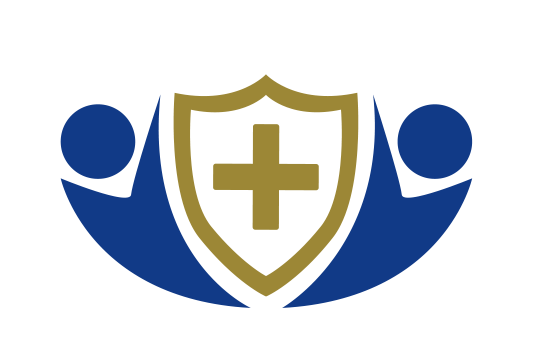 A graphic shows two blue abstract human figures holding a gold and white shield with a cross in the centre, symbolising protection and healthcare.
