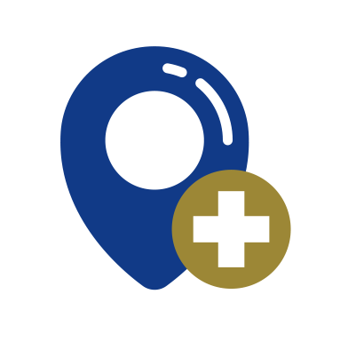 Blue location pin icon with a gold circle featuring a white medical cross overlaying the lower right side, on a light grey background.