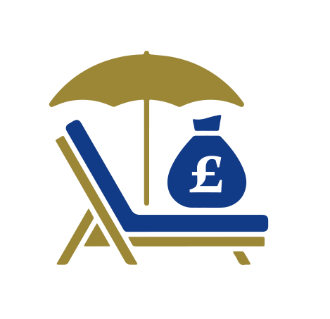 A blue and gold illustration of a lounger and umbrella, with a money bag featuring a pound symbol resting on the lounger.