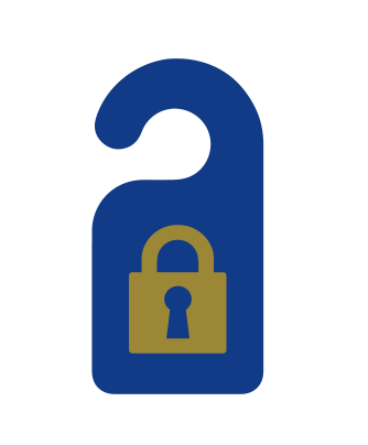 A blue door hanger with a gold padlock icon in the centre, symbolising privacy or security, on a light grey background.