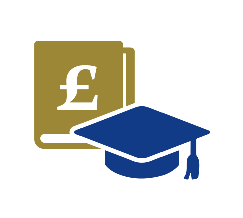 A gold book with a white British pound symbol next to a blue graduation cap, symbolising education and financial costs or student loans.