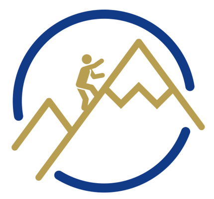 A stylised gold figure climbs a gold mountain, all enclosed within a partially open blue circular outline on a white background.