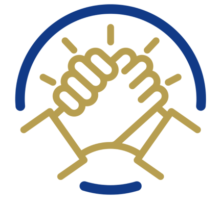 Two stylised hands clasping each other in a handshake, surrounded by gold lines suggesting motion or connection, with a blue semicircle above and blue curved line below.