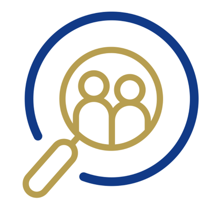 A blue magnifying glass encircles two simple gold human figures, symbolising searching for people or community focus.