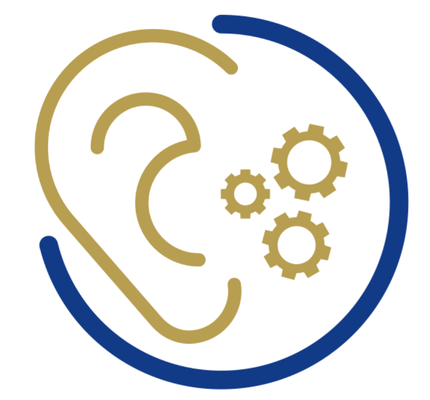 A stylised gold ear is surrounded by a partial blue circle, with three gold gears of different sizes near the ear, suggesting themes of hearing, listening, or auditory technology.