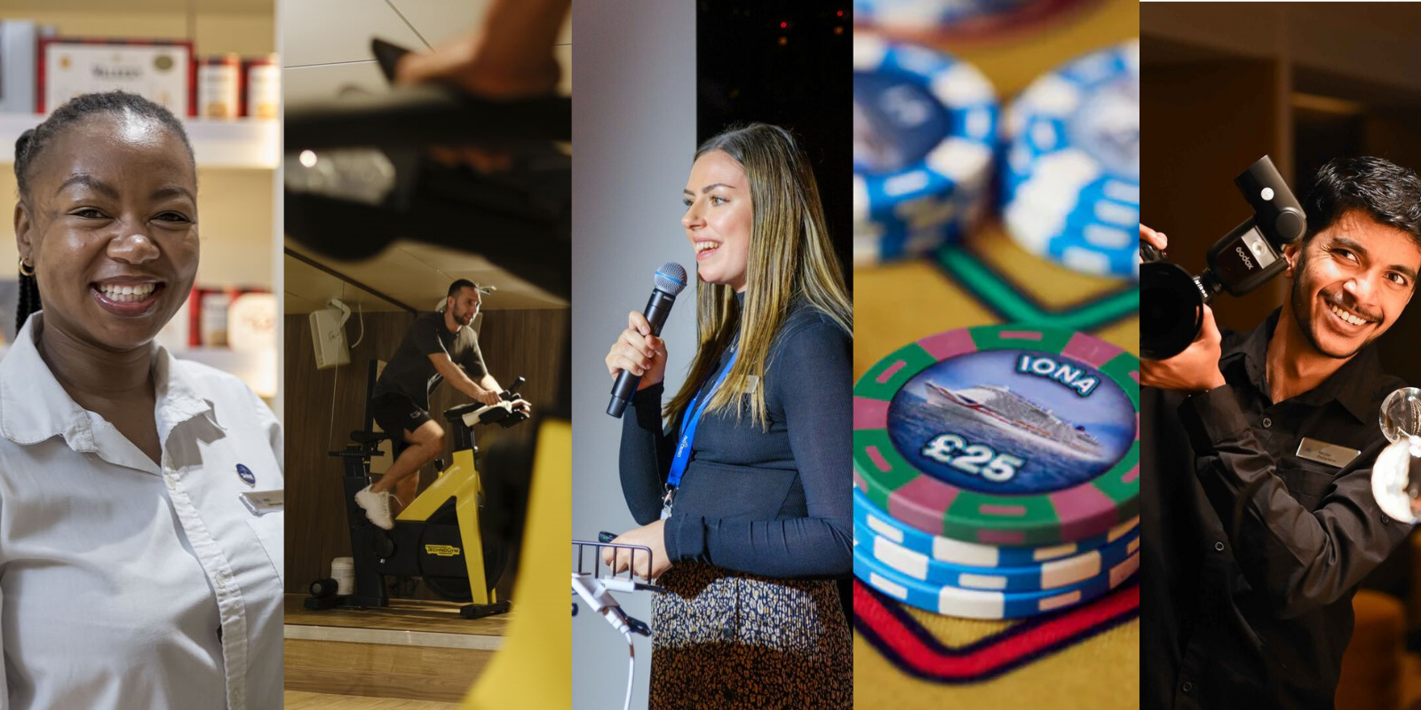 A collage featuring: a smiling woman in a uniform, a man cycling indoors, a woman speaking into a microphone, a close-up of casino chips, and a smiling photographer holding a camera.