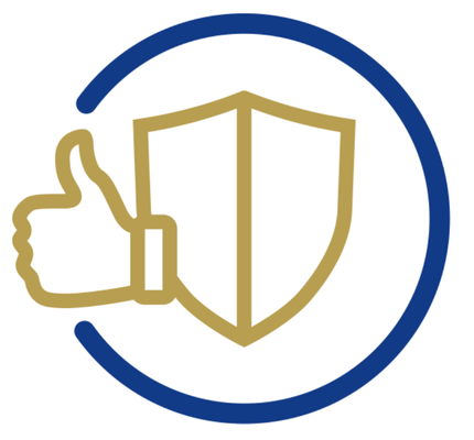 A gold thumbs-up and shield icon inside a blue incomplete circle, representing approval, security, and protection.