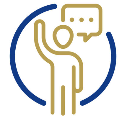 A gold outline of a person raising one hand with a speech bubble overhead, surrounded by a partial blue circle.