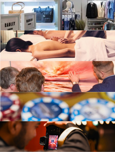 A collage showing shopping displays, people enjoying massages, an art gallery visit, casino poker chips, and a person taking a photo with a DSLR camera.