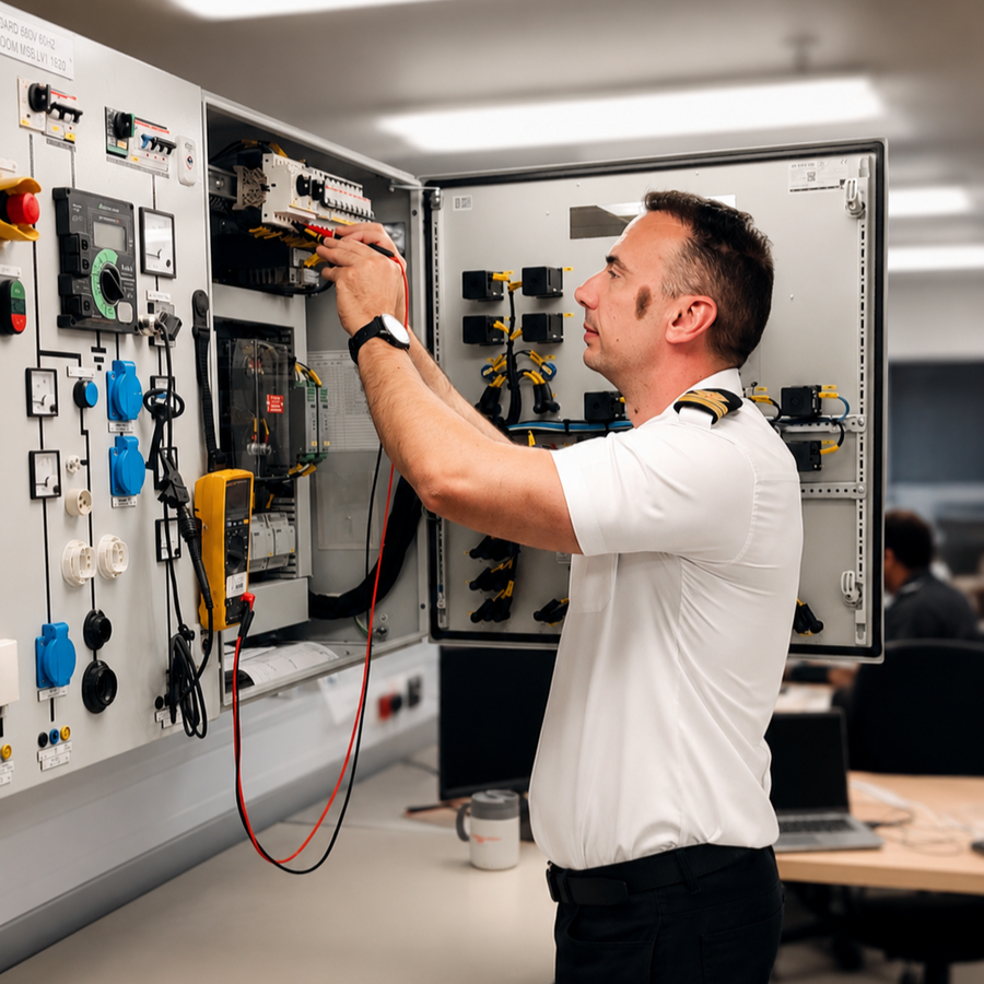 Second Electrical Technical Officer inspecting shipboard electrical control panel and testing circuits in a cruise ship engineering workspace