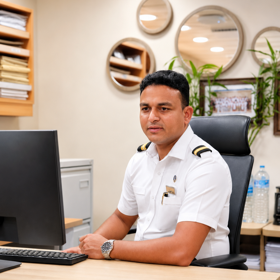 Assistant Housekeeping Manager working at computer in cruise ship office, managing guest services and housekeeping operations