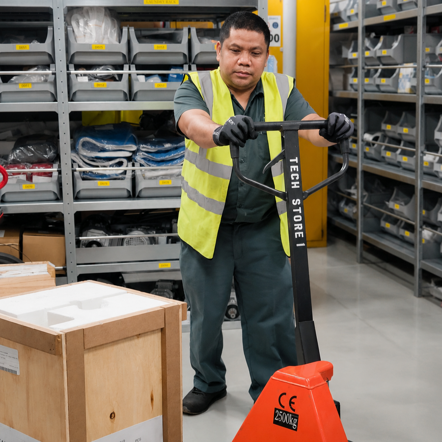 Assistant Technical Storekeeper using pallet truck in ship’s storeroom, organising spare parts and engineering supplies on board