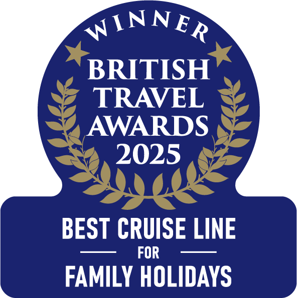 A blue and gold badge reading Winner British Travel Awards 2025, Best Cruise Line for Family Holidays, surrounded by laurel branches and gold stars.