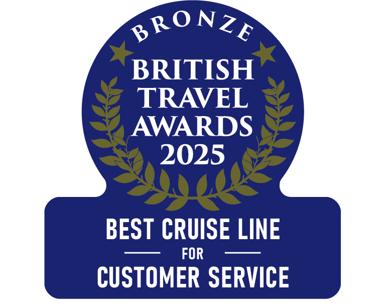 A blue and gold badge reads: Bronze British Travel Awards 2025. Best Cruise Line for Customer Service, surrounded by laurel branches and stars.