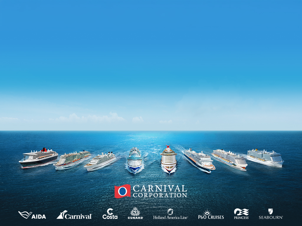 Nine cruise ships from different brands line up in calm blue sea under a clear sky. The Carnival Corporation logo and icons for AIDA, Carnival, Costa, Cunard, Holland America Line, P&O Cruises, Princess, and Seabourn are at the bottom.