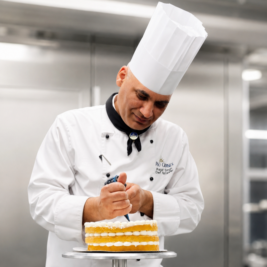 Chief Pâtissier decorating layered cake in professional cruise ship galley, preparing desserts for guests on board