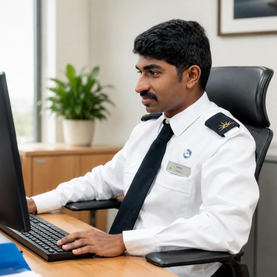 Food and Beverage Administrator working at desk on cruise ship, managing restaurant bookings and guest dining records