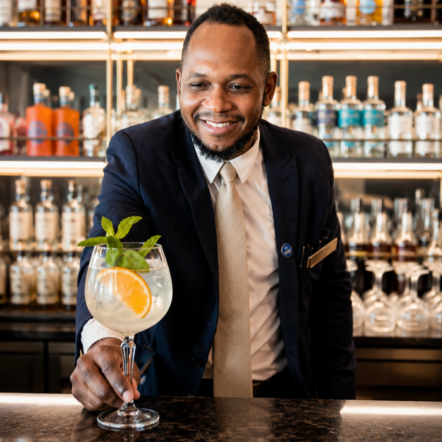 Cruise ship bar specialist serving premium gin cocktail at elegant bar, delivering drinks service to guests onboard