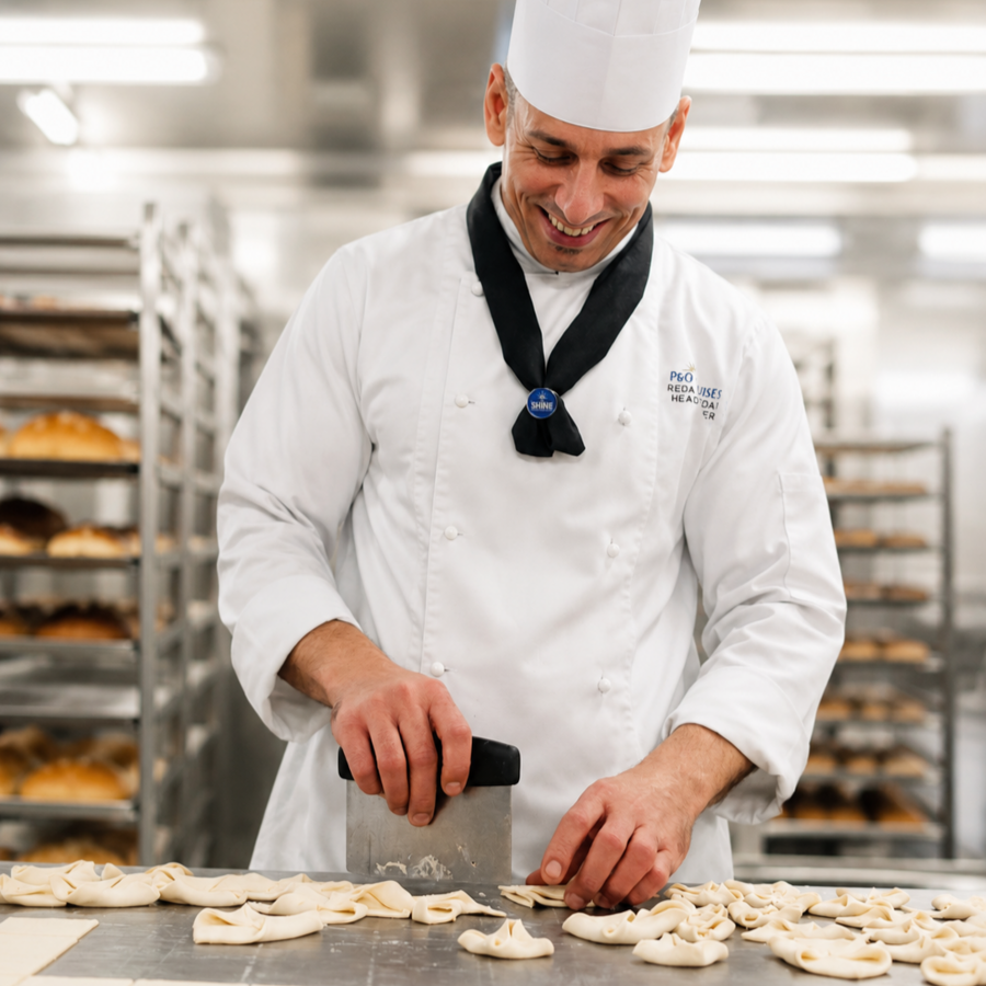 Head Baker preparing fresh dough in commercial bakery on board cruise ship, producing daily bread and pastries