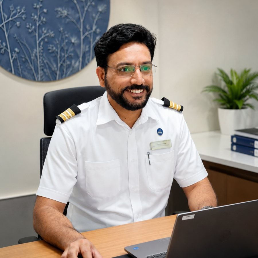 Housekeeping Manager working at laptop in cruise ship office, overseeing cabin cleanliness and guest room standards