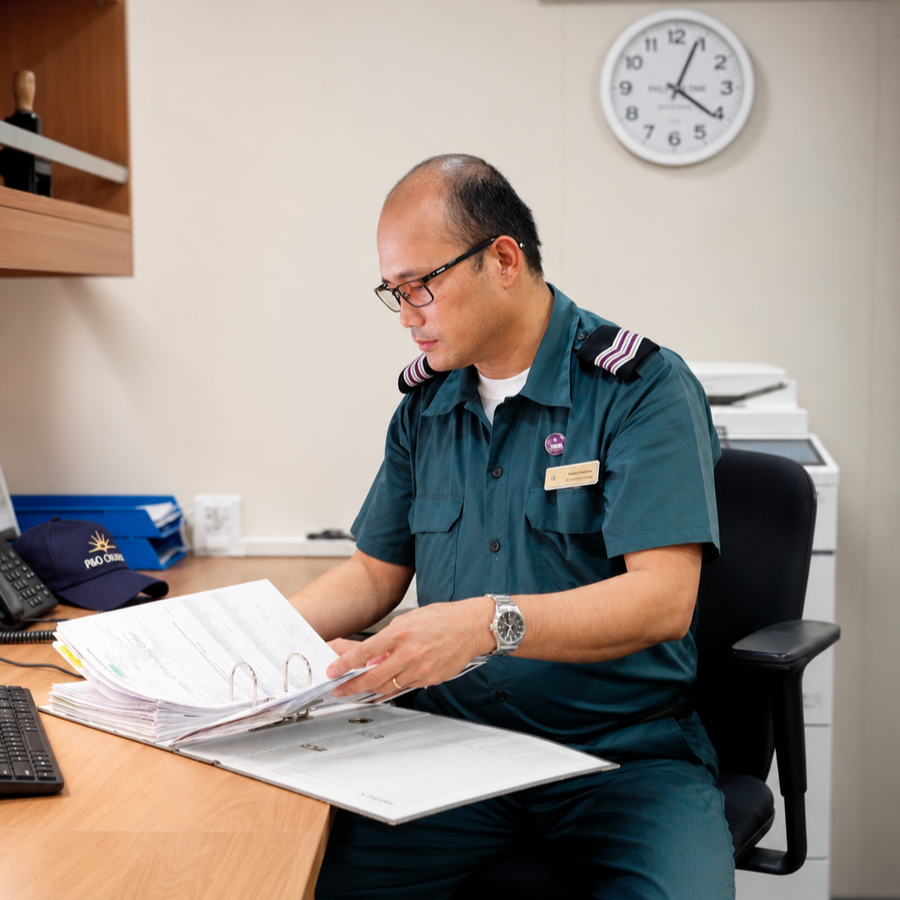 Senior Technical Storekeeper reviewing inventory documents in shipboard office, managing engineering stock and logistics