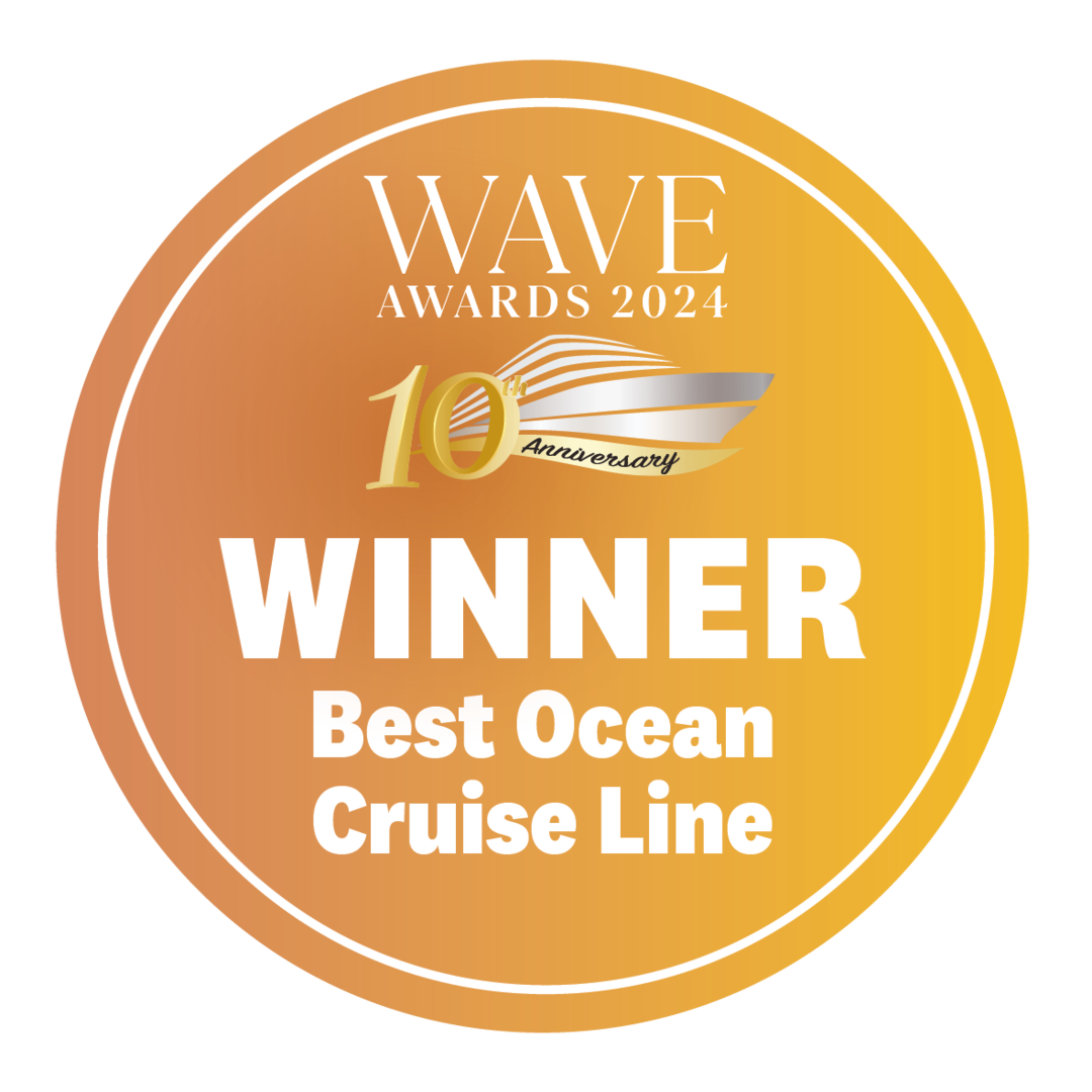 A circular orange and gold badge reads: WAVE Awards 2024, 10th Anniversary, WINNER Best Ocean Cruise Line.