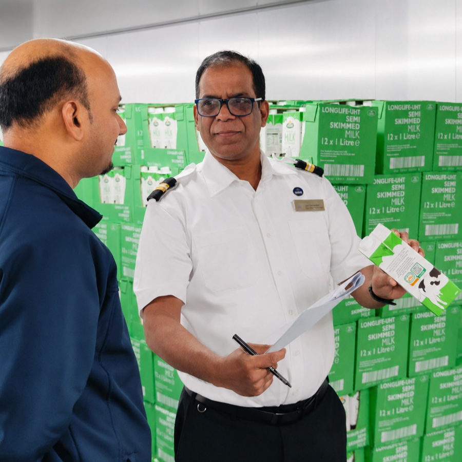 Assistant Inventory Manager managing food and beverage inventory on board a P&O Cruises ship. The image shows stock control, supply chain management and warehouse operations in a cruise ship storeroom, showcasing logistics and inventory careers at sea