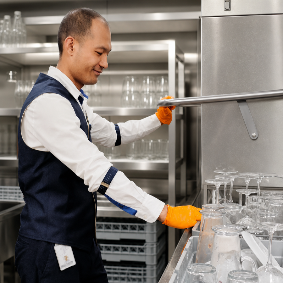 Food and beverage utility crew member loading glassware into a commercial dishwasher on board a cruise ship. The image showcases hospitality operations, galley support, cleaning procedures and behind-the-scenes cruise ship jobs with P&O Cruises