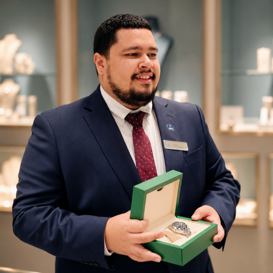 Signature Events Host showcasing a luxury watch in the onboard retail boutique aboard a P&O Cruises ship. The image highlights cruise ship retail careers, luxury guest experiences, premium product sales and customer service roles at sea.