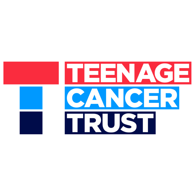 Logo for Teenage Cancer Trust featuring bold text: TEENAGE in white on a red background, CANCER in white on a light blue background, and TRUST in white on a dark blue background, with colour blocks on the left.